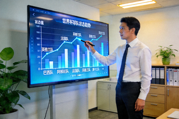 数据分析师正在大屏幕前分析世界杯球队状态趋势图表